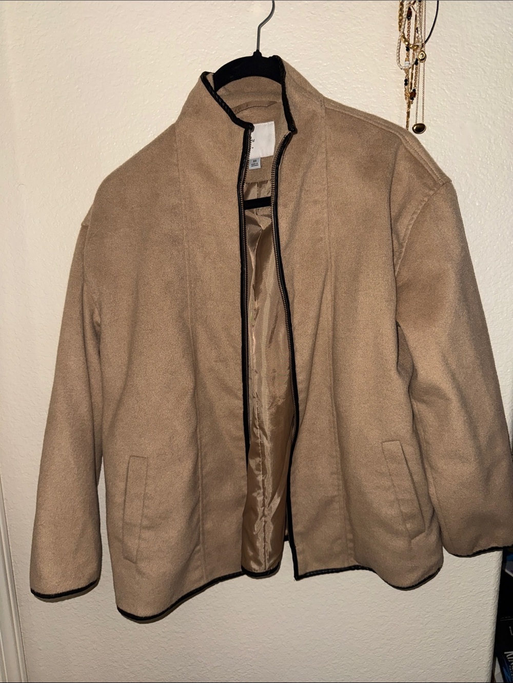 A New Day Beige Fleece Zip Jacket with Black Trim